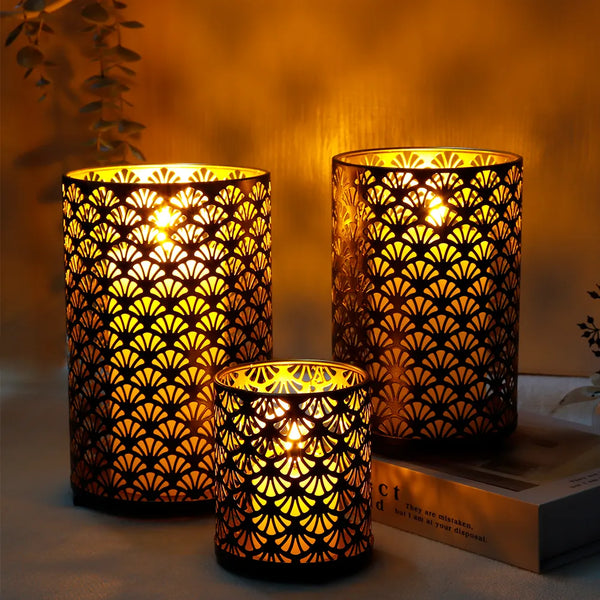 3-teiliger Kerzenhalter aus Metall mit Fächermuster